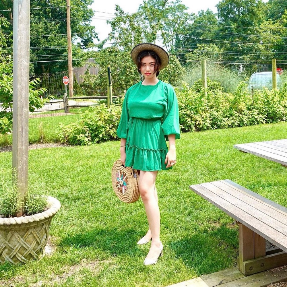 Flying tomate green solid dress worn once